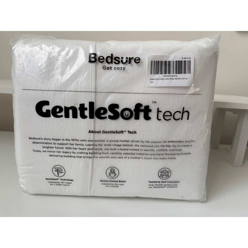 Bedsure GentleSoft Tech White Stripe Queen Sheet Set Cotton-Like 90x102 W2